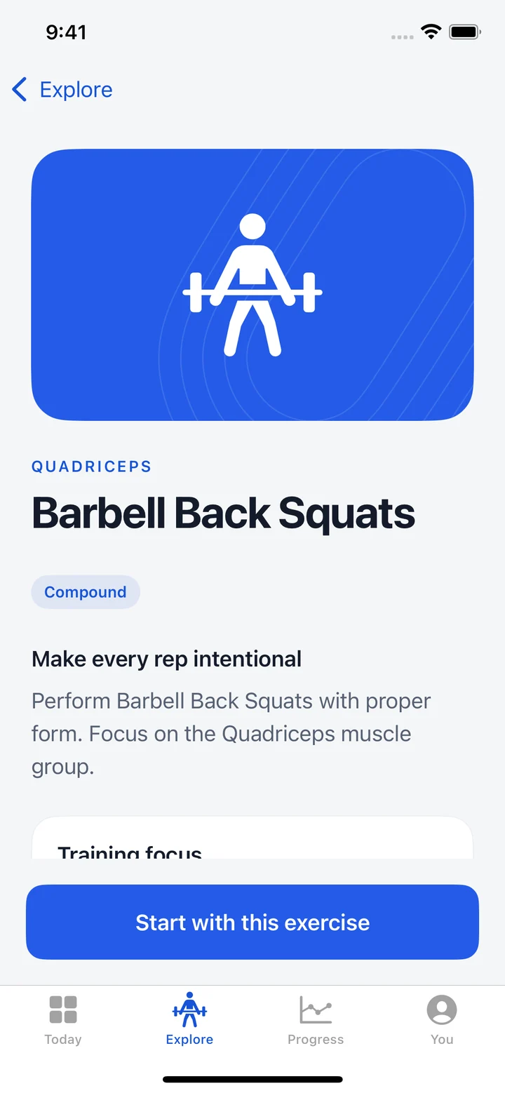 Rupam's actual exercise detail screen for Barbell Back Squats